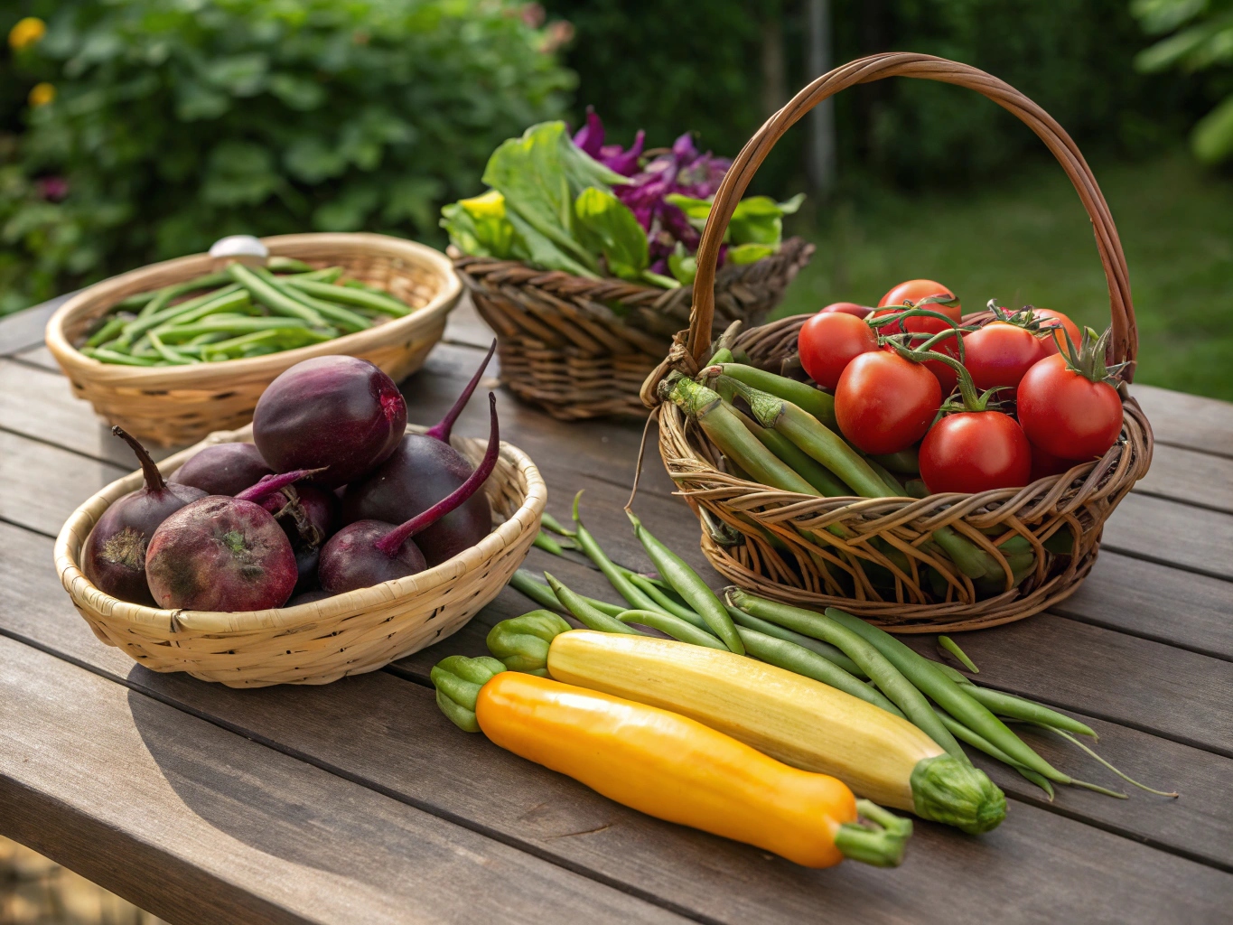 Sunlit wooden table with wicker baskets of seasonal vegetables
