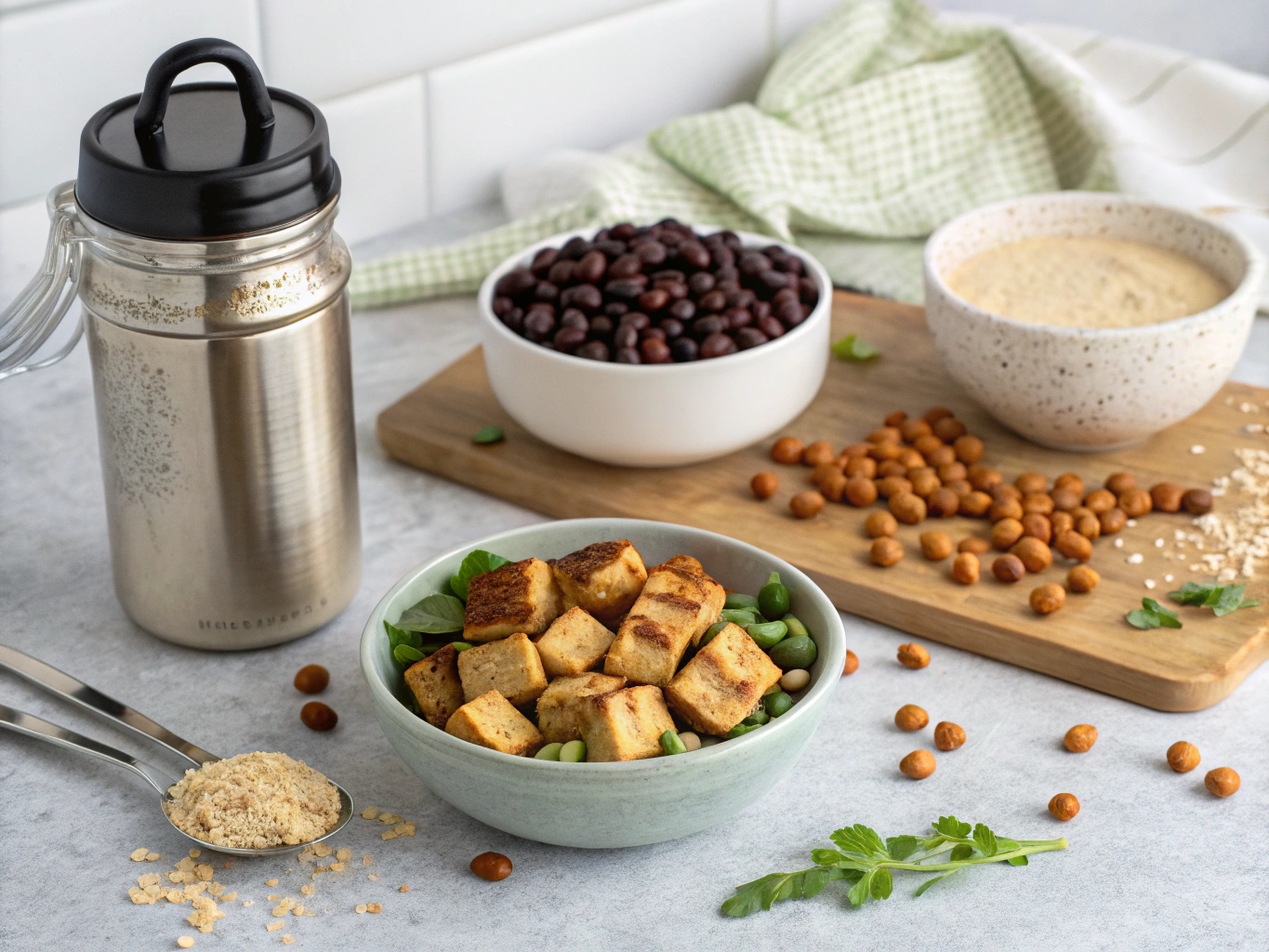 Sleek countertop with vegan protein foods
