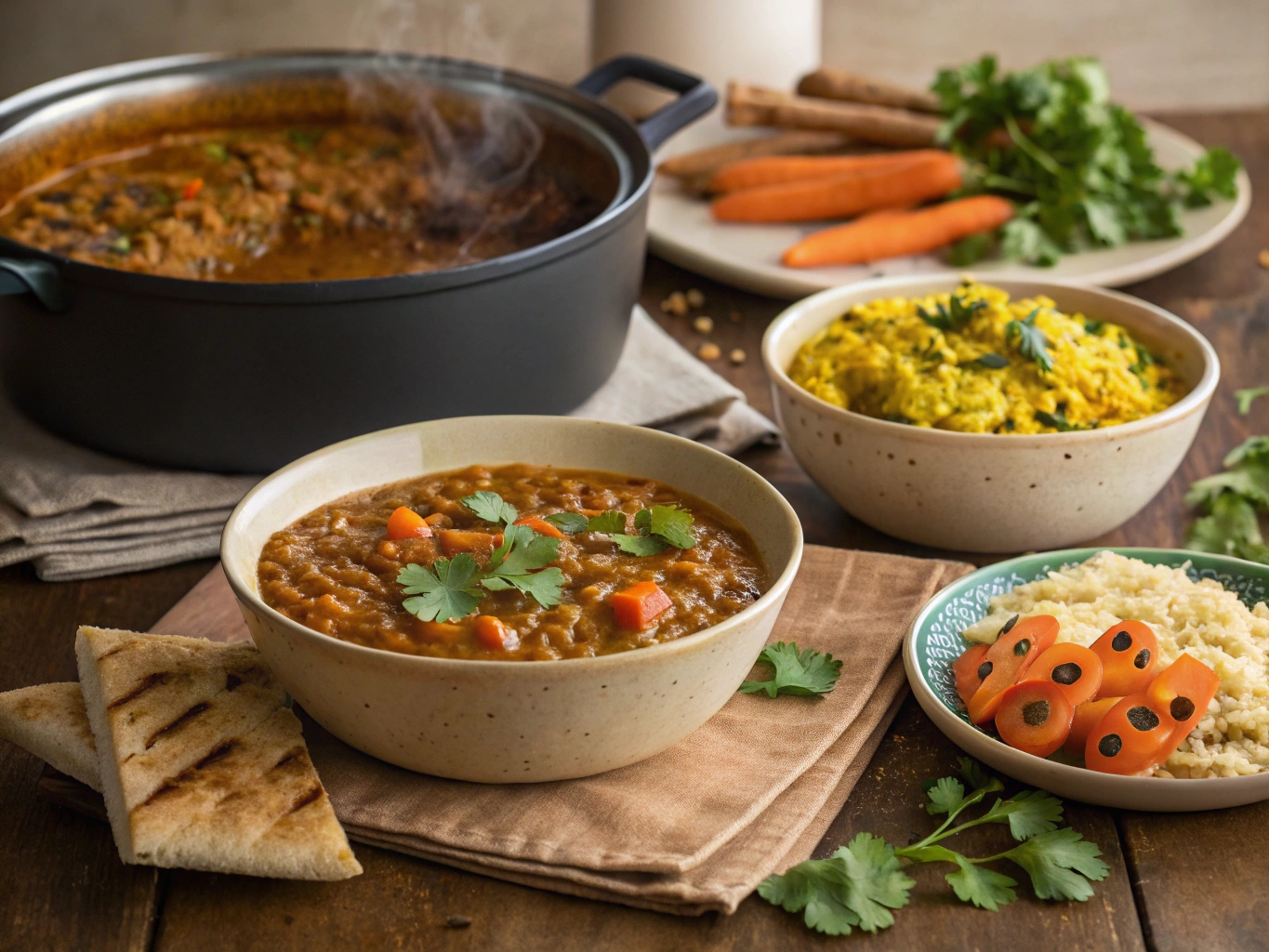 Rustic kitchen table with budget-friendly vegan dishes
