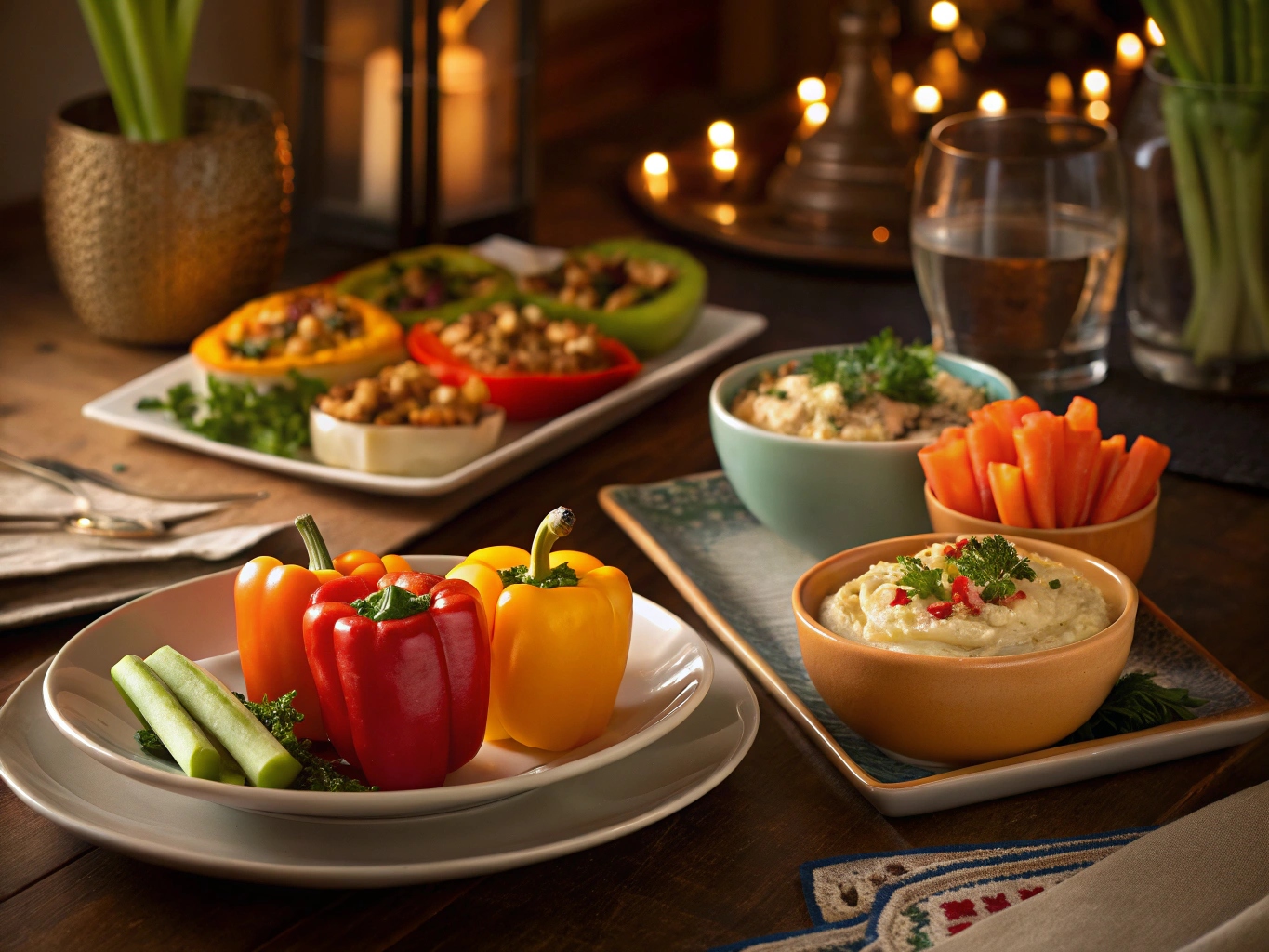 Warmly lit dining table with vegan appetizers